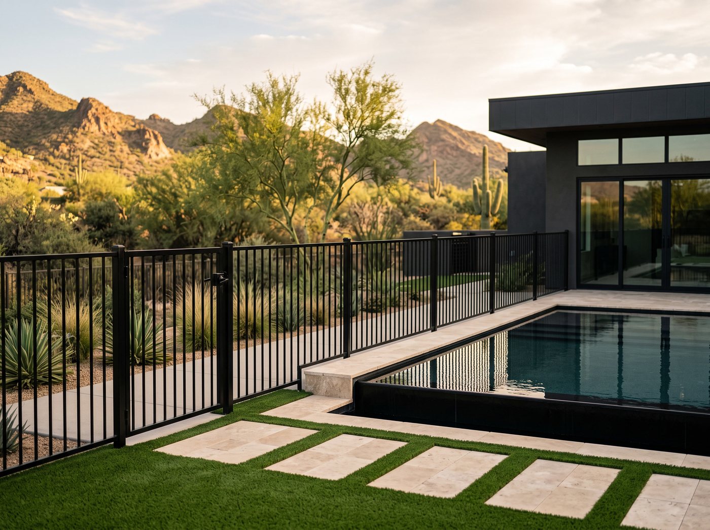 Rendering of a black iron pool safety fence along a modern desert backyard pool