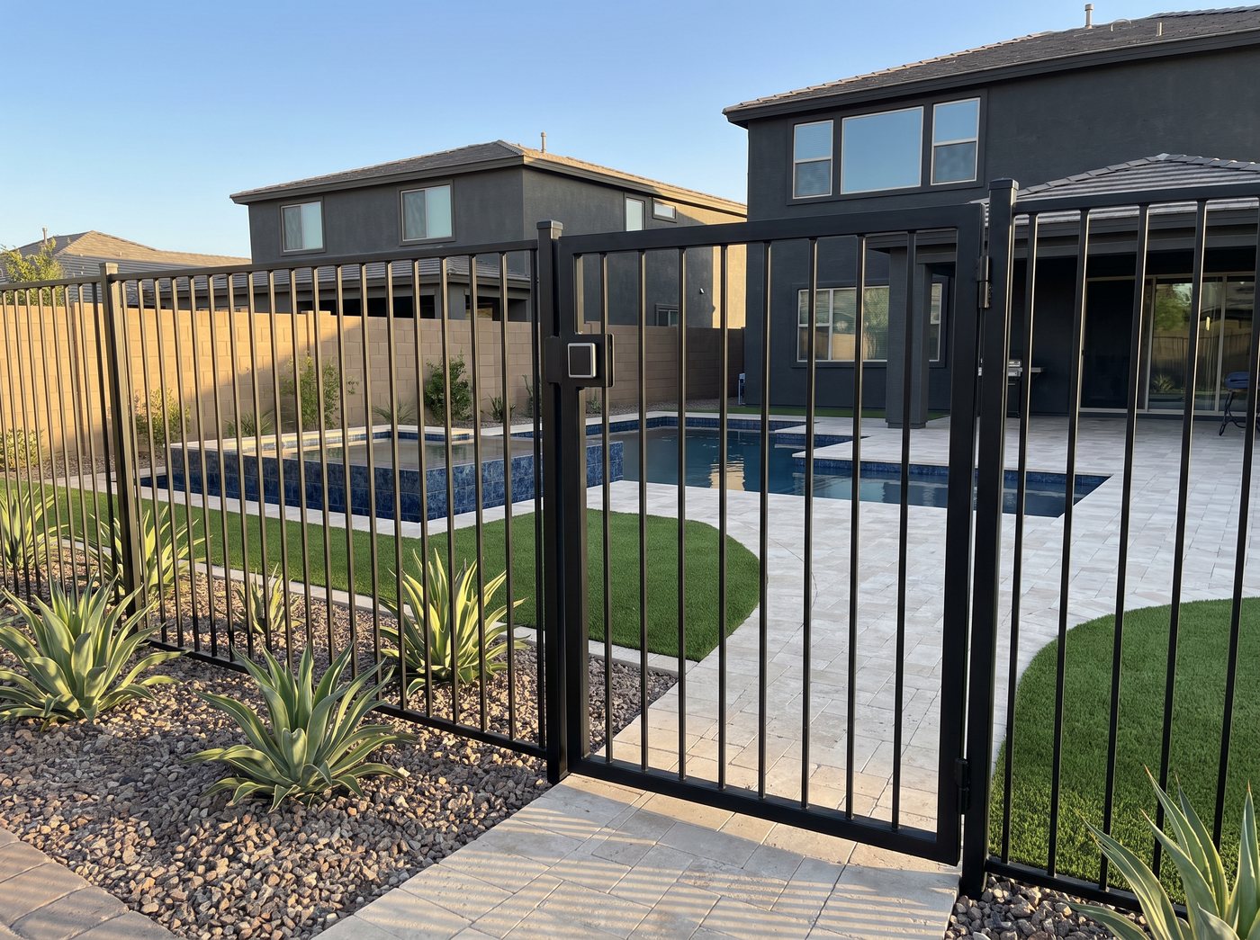 Rendering of a self-closing black steel pool gate opening onto a travertine walkway