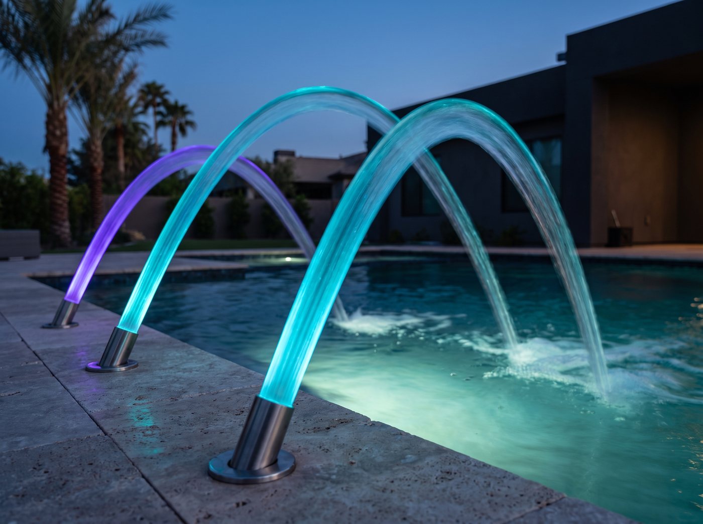 Rendering of LED laminar jets arcing glowing water from travertine coping into a pool at dusk