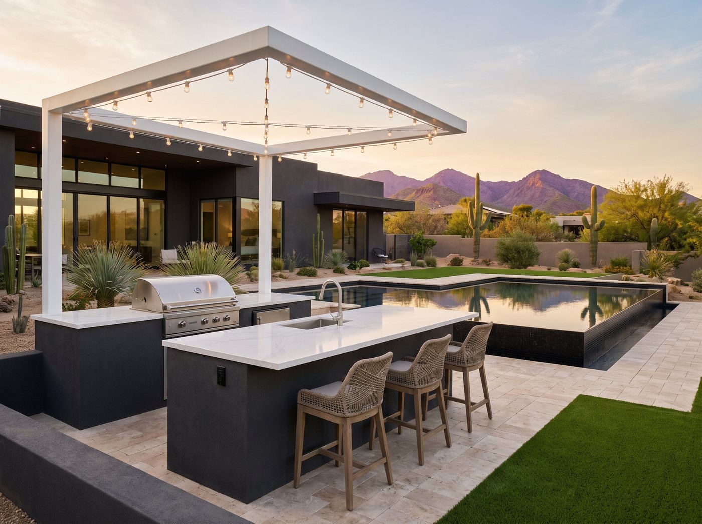 Rendering of an outdoor kitchen and barbecue island under a ramada beside a pool at golden hour