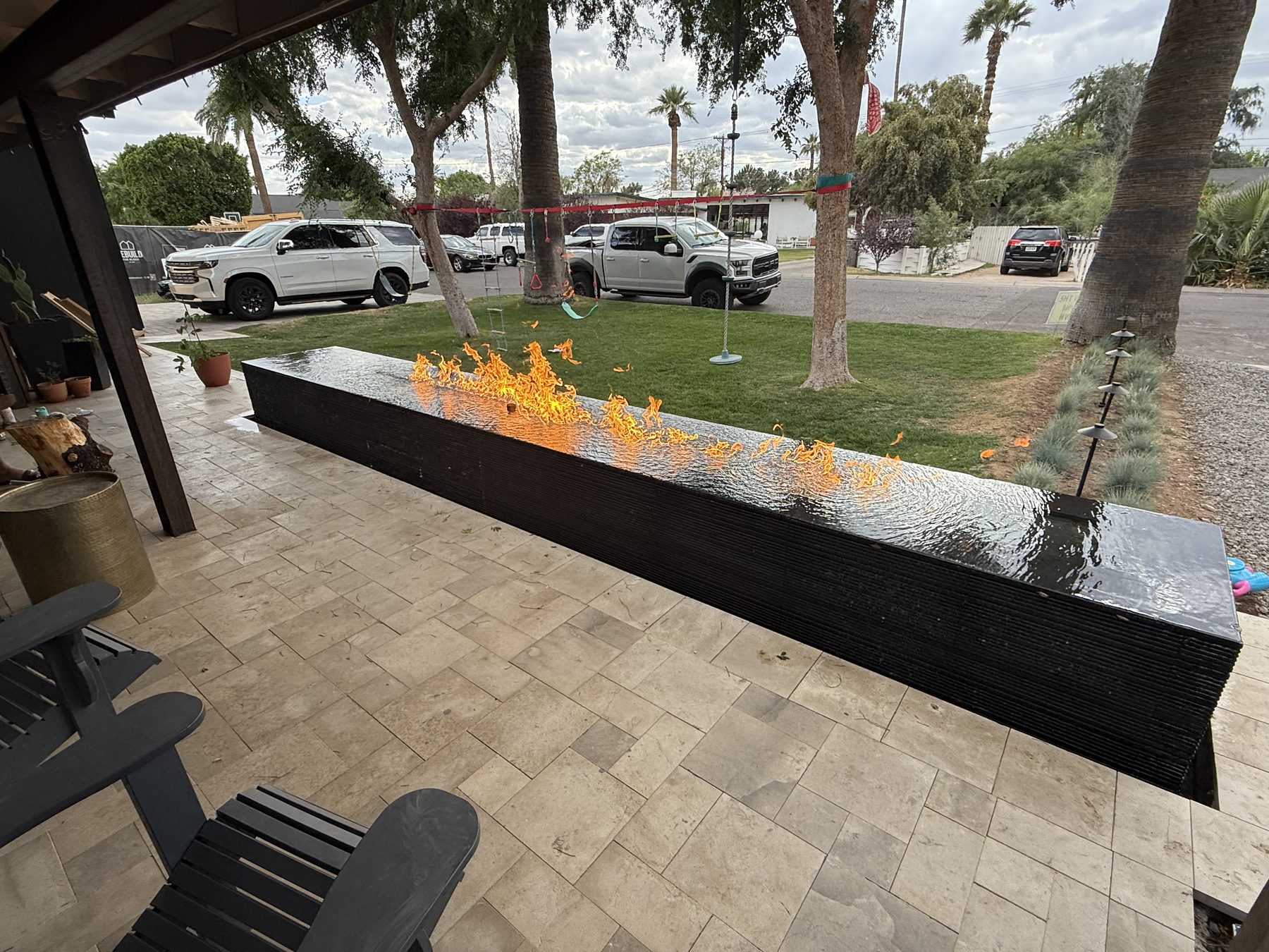 Linear fire-and-water feature — Standard Pools project