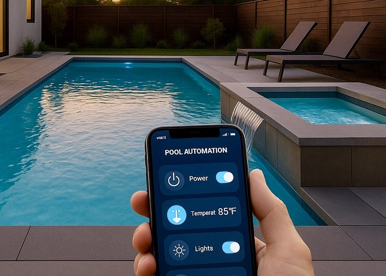 Phone app controlling pool automation beside a pool